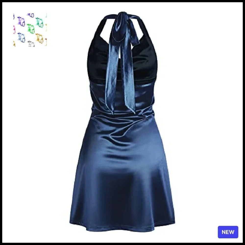 Satin Halterneck Mini Dress Elegant Cowl Neck Silky Party Cocktail Club Wear